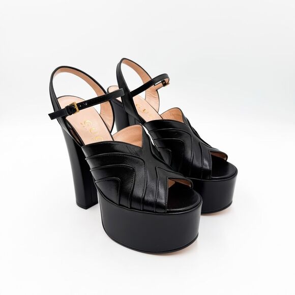 Gucci Platform Black Leather Sandals Heels Slingback Keyla EU 38 US 8 - Picture 1 of 14